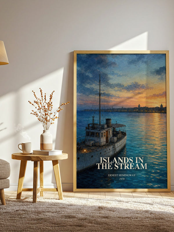 Islands In The Stream watercolour print in frame leaning in hallway – literary fiction wall art