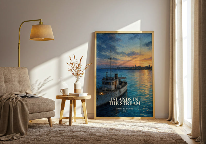 Islands In The Stream watercolour print in frame leaning in hallway – literary fiction wall art