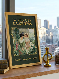 Wives And Daughters Classic Book Art Print by Elizabeth Gaskell – framed print on a city-view windowsill