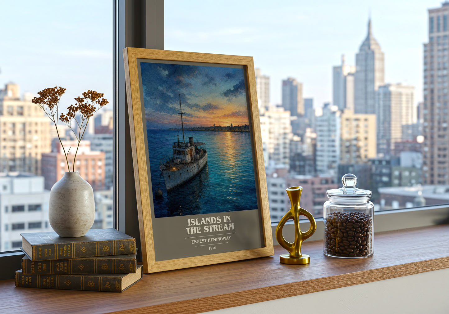 Islands In The Stream book cover print framed by window – literary home decor