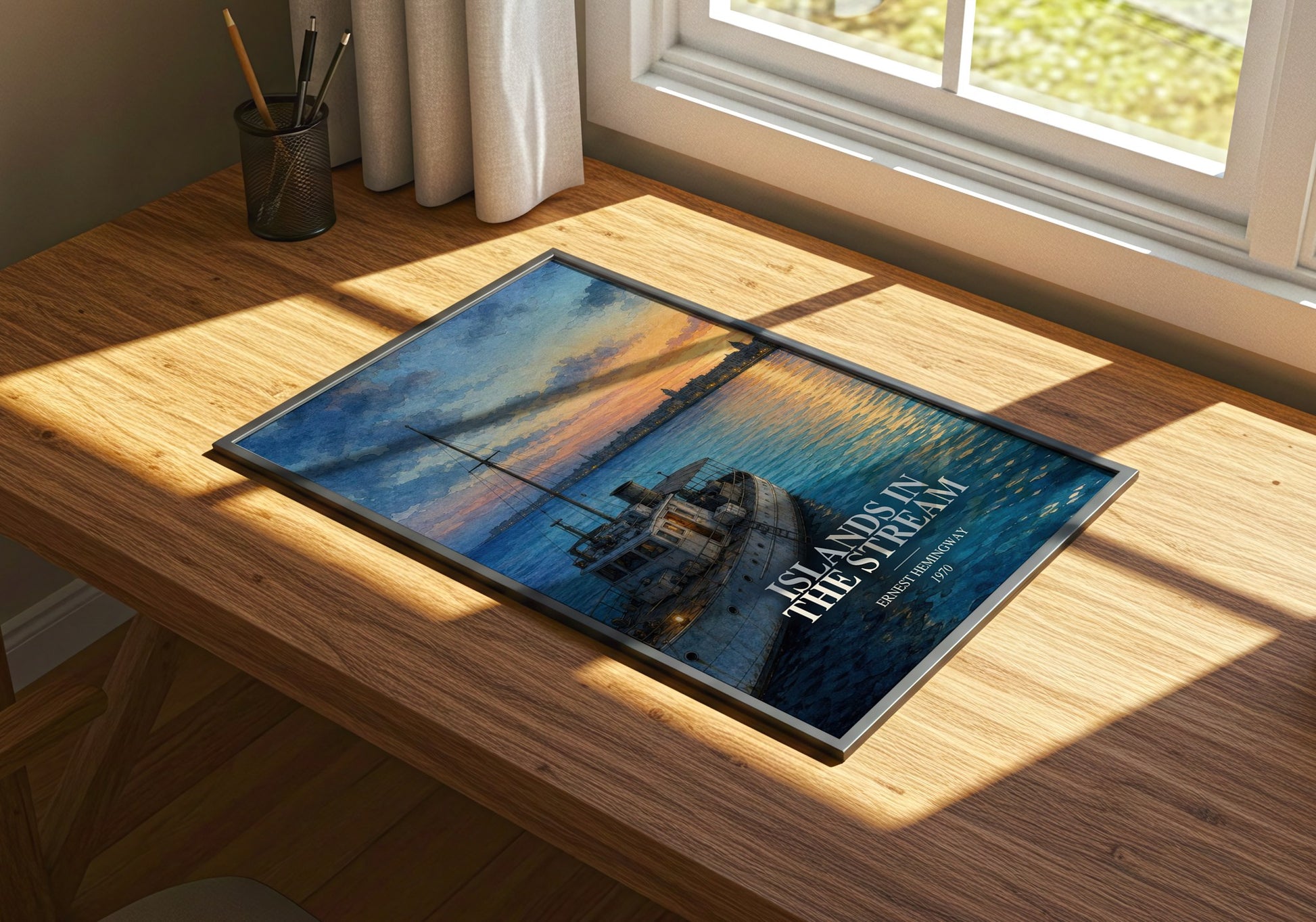 Islands In The Stream watercolour book poster framed on wall – literary fiction wall art