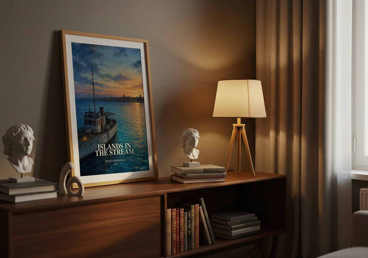Islands In The Stream watercolour print on bookshelf – Ernest Hemingway fan gift