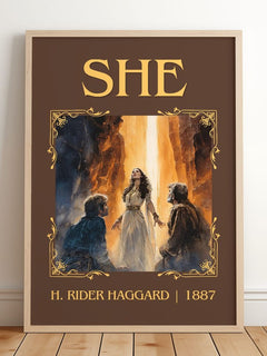 She Classic Book Art Print by H. Rider Haggard – framed print leaning on a wooden floor