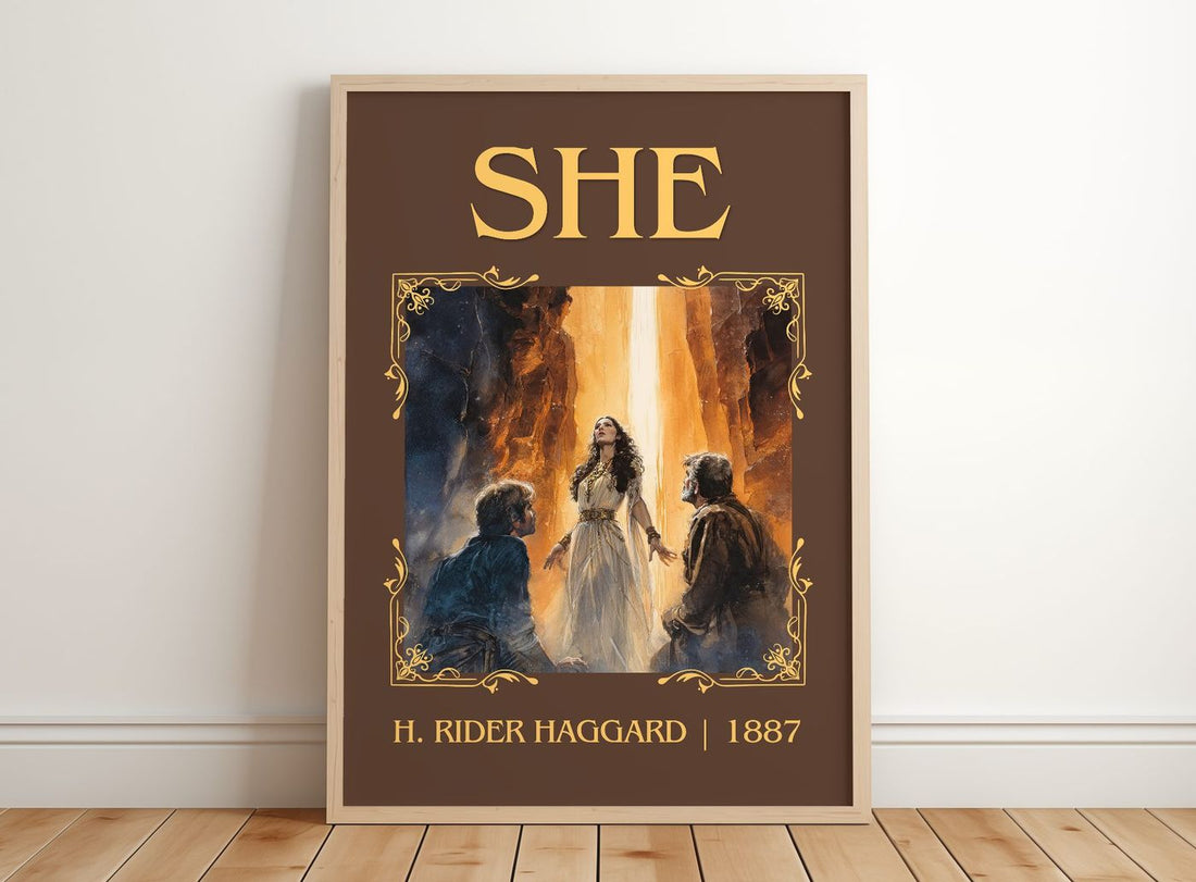 She Classic Book Art Print by H. Rider Haggard – framed print leaning on a wooden floor
