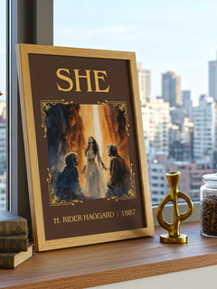 She Classic Book Art Print by H. Rider Haggard – framed print on a city-view windowsill