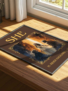 She Classic Book Art Print by H. Rider Haggard – print on a sunlit desk