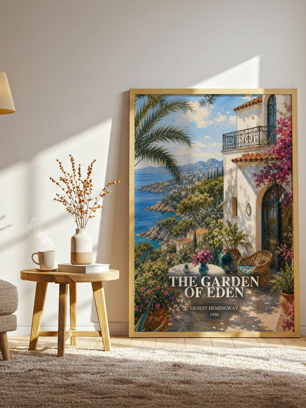 The Garden Of Eden watercolour print in frame leaning in hallway – literary fiction wall art