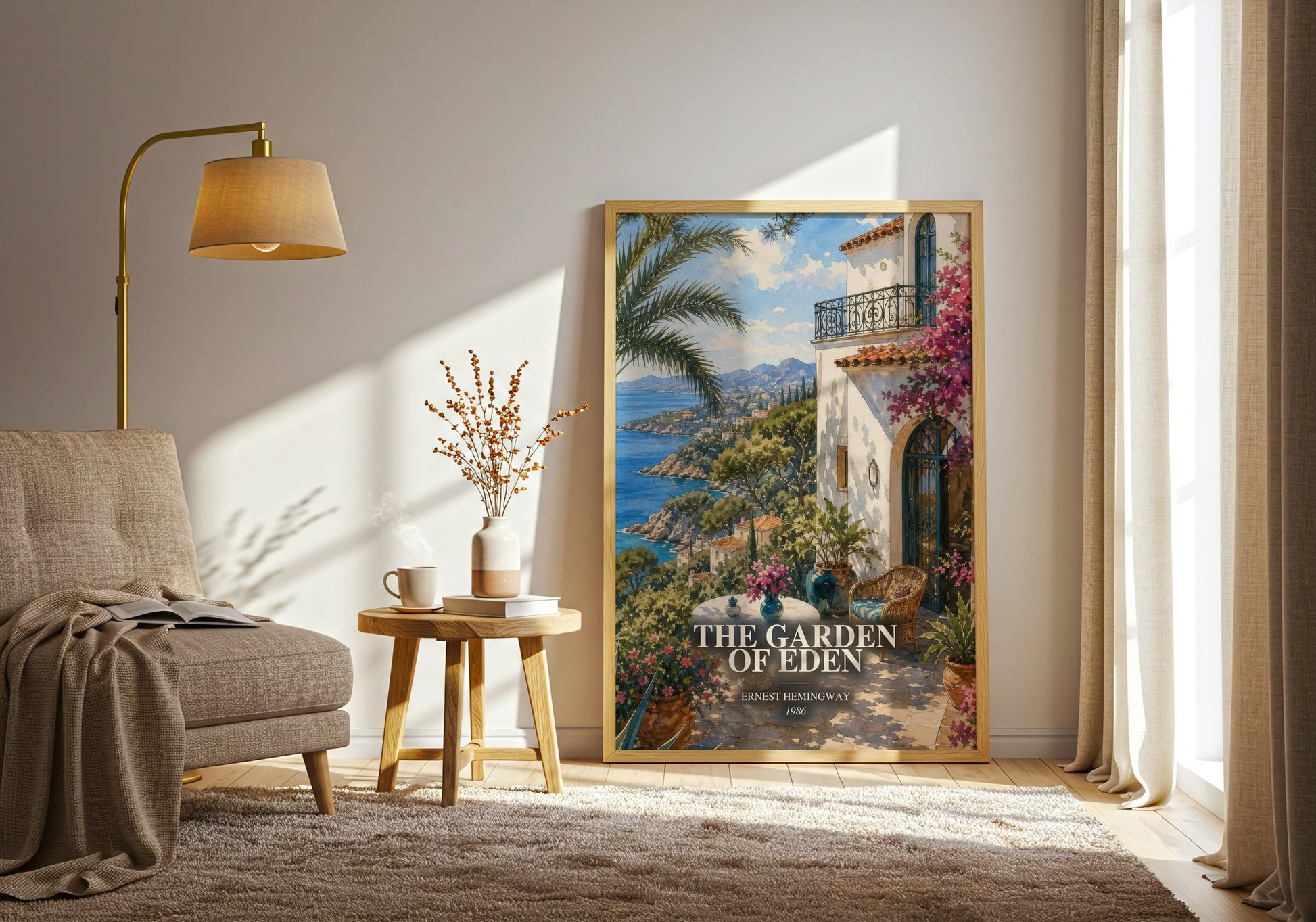 The Garden Of Eden watercolour print in frame leaning in hallway – literary fiction wall art