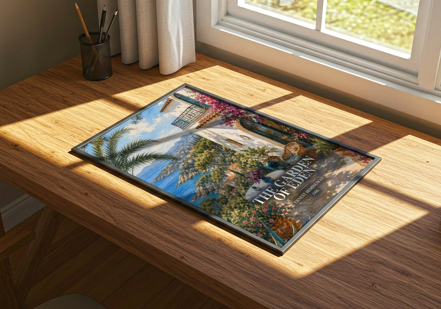 The Garden Of Eden watercolour book poster framed on wall – literary fiction wall art