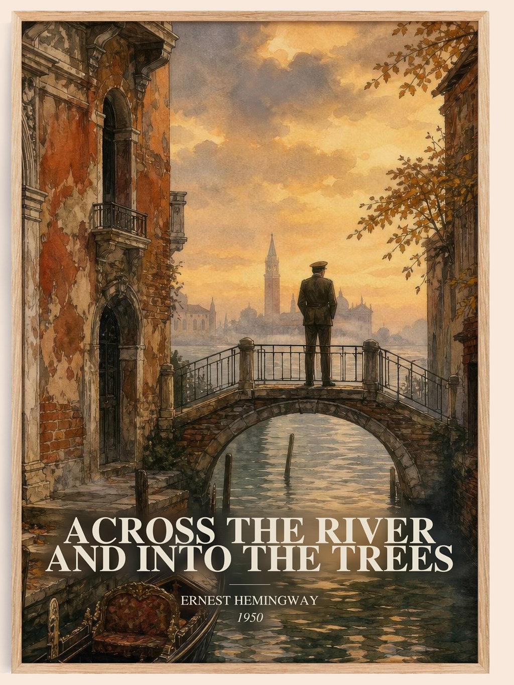Across The River And Into The Trees watercolour book poster by Ernest Hemingway – framed literary art print