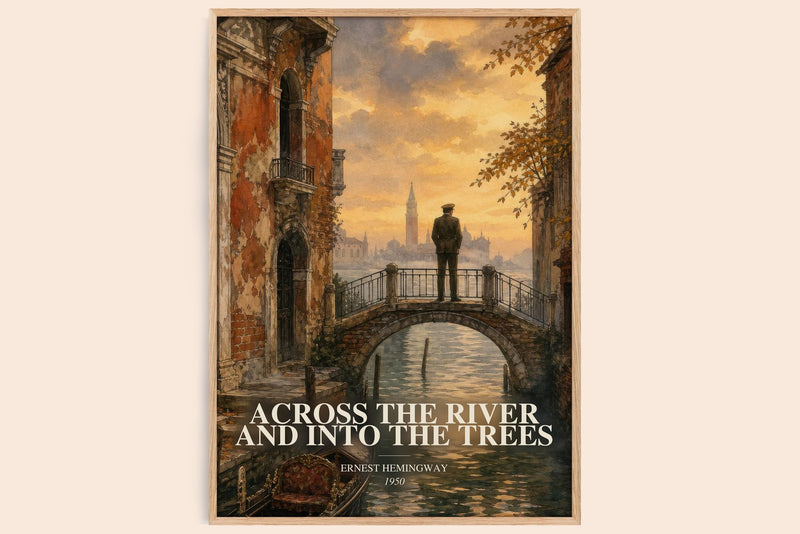 Across The River And Into The Trees watercolour book poster by Ernest Hemingway – framed literary art print