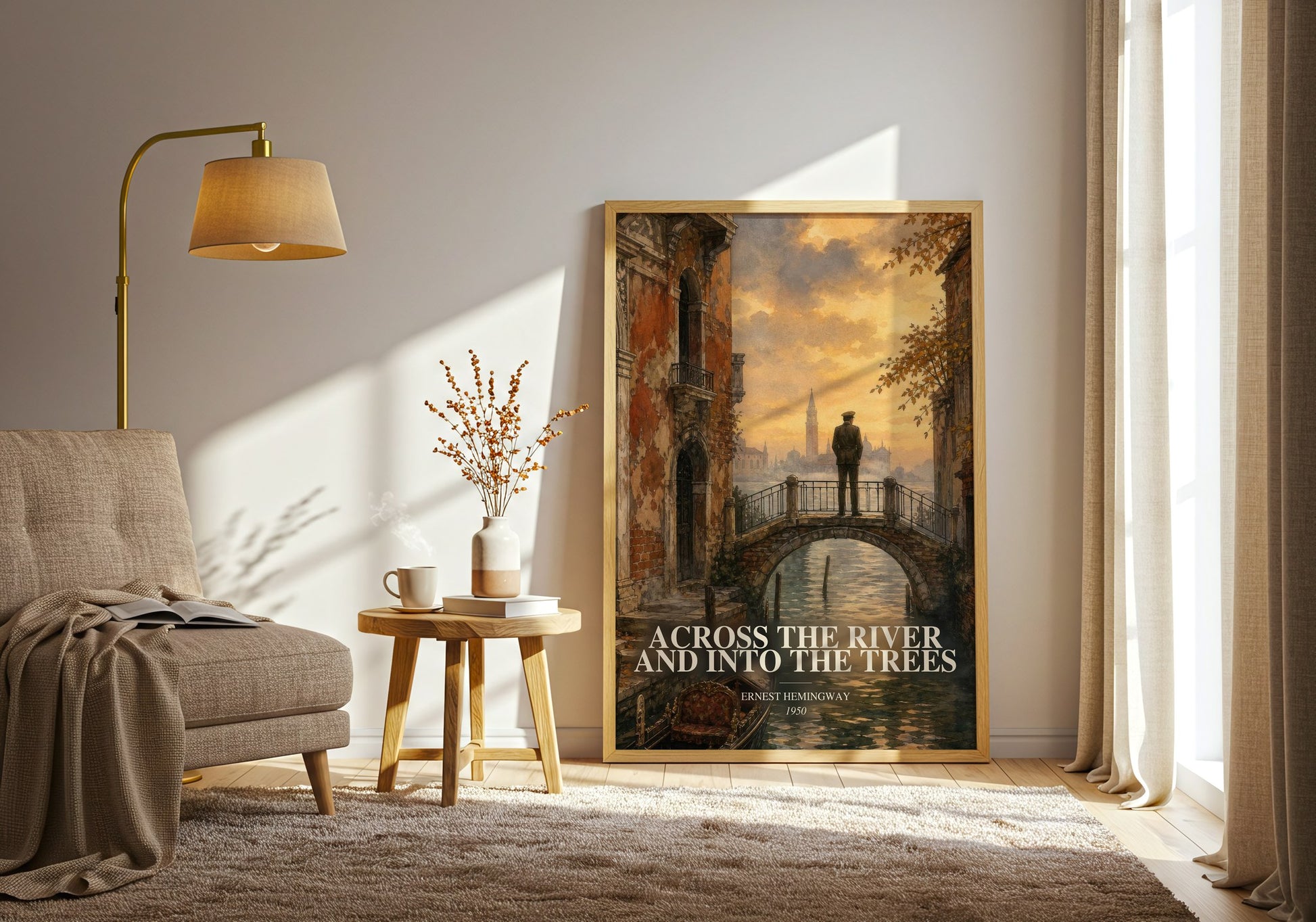 Across The River And Into The Trees watercolour print in frame leaning in hallway – literary fiction wall art