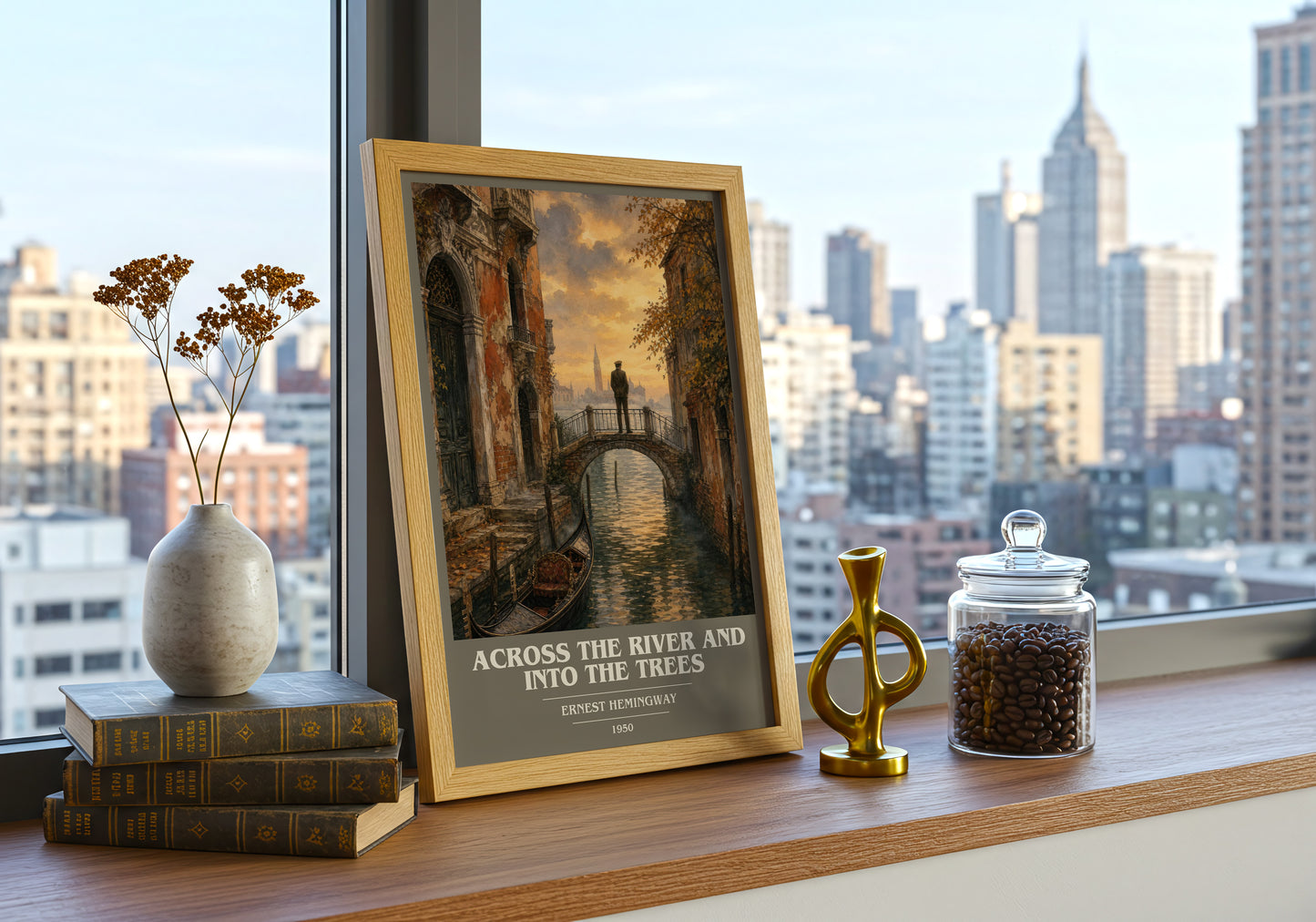 Across The River And Into The Trees book cover print framed by window – literary home decor