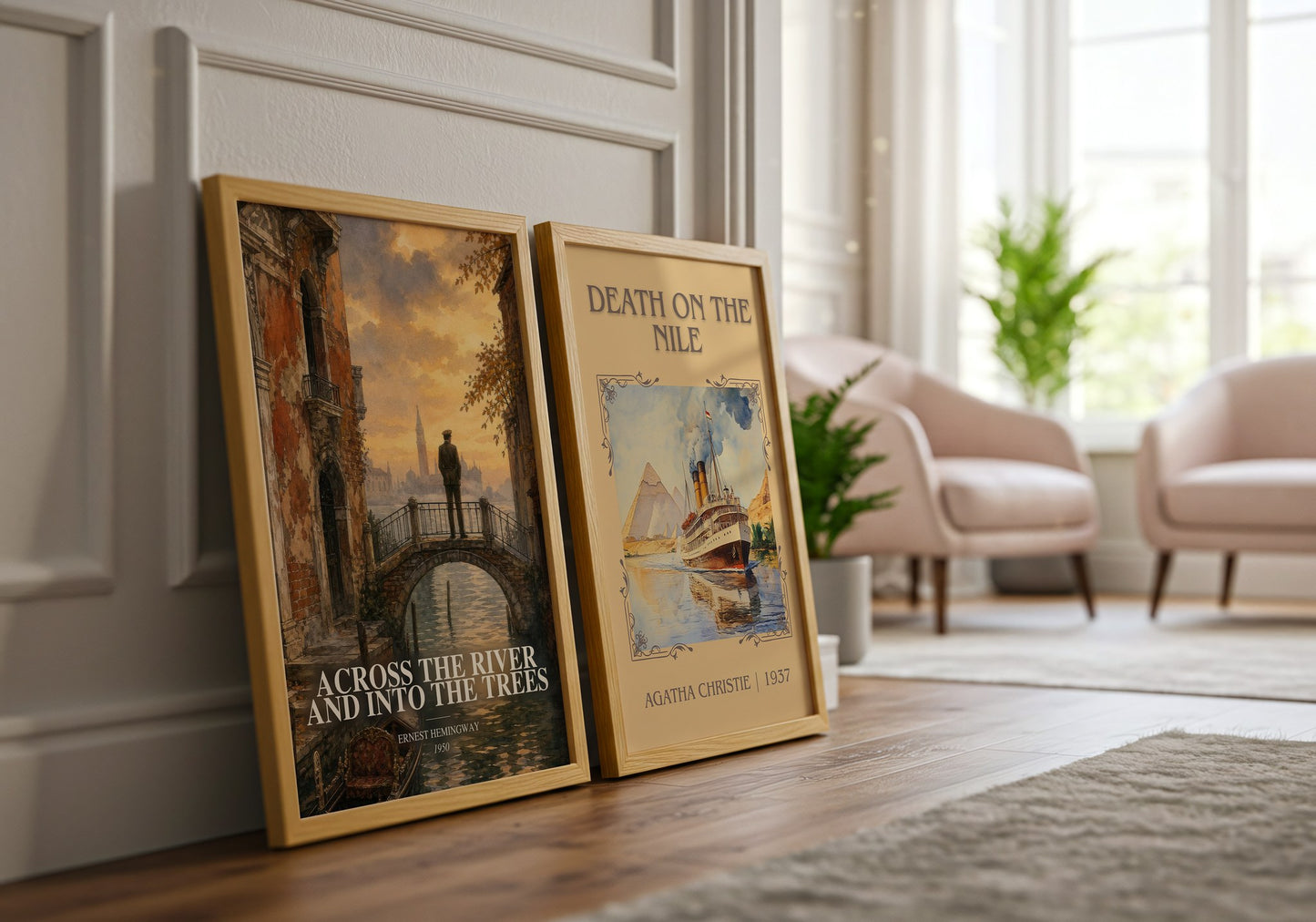 Across The River And Into The Trees watercolour print framed by window – literary home decor