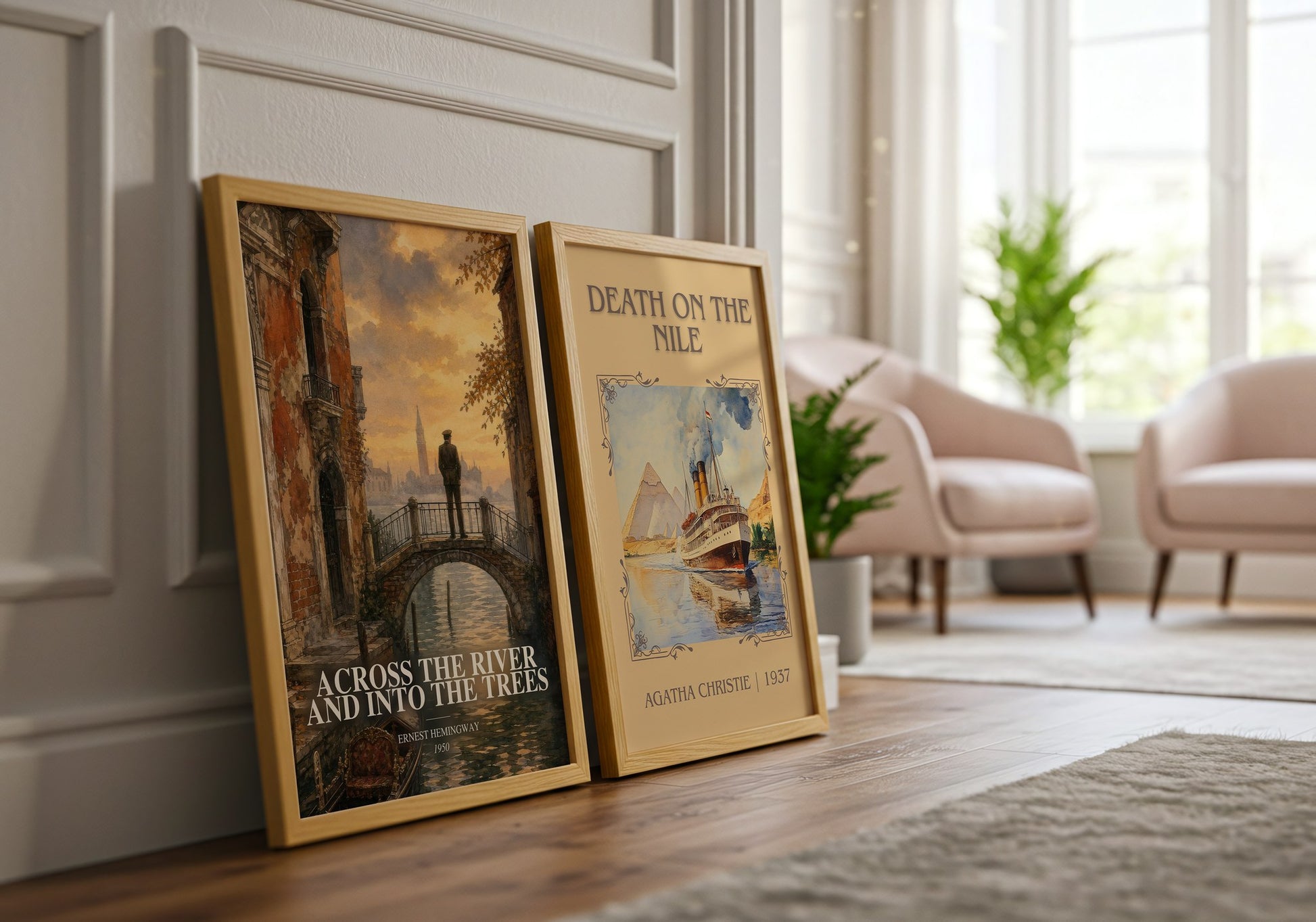 Across The River And Into The Trees watercolour print framed by window – literary home decor