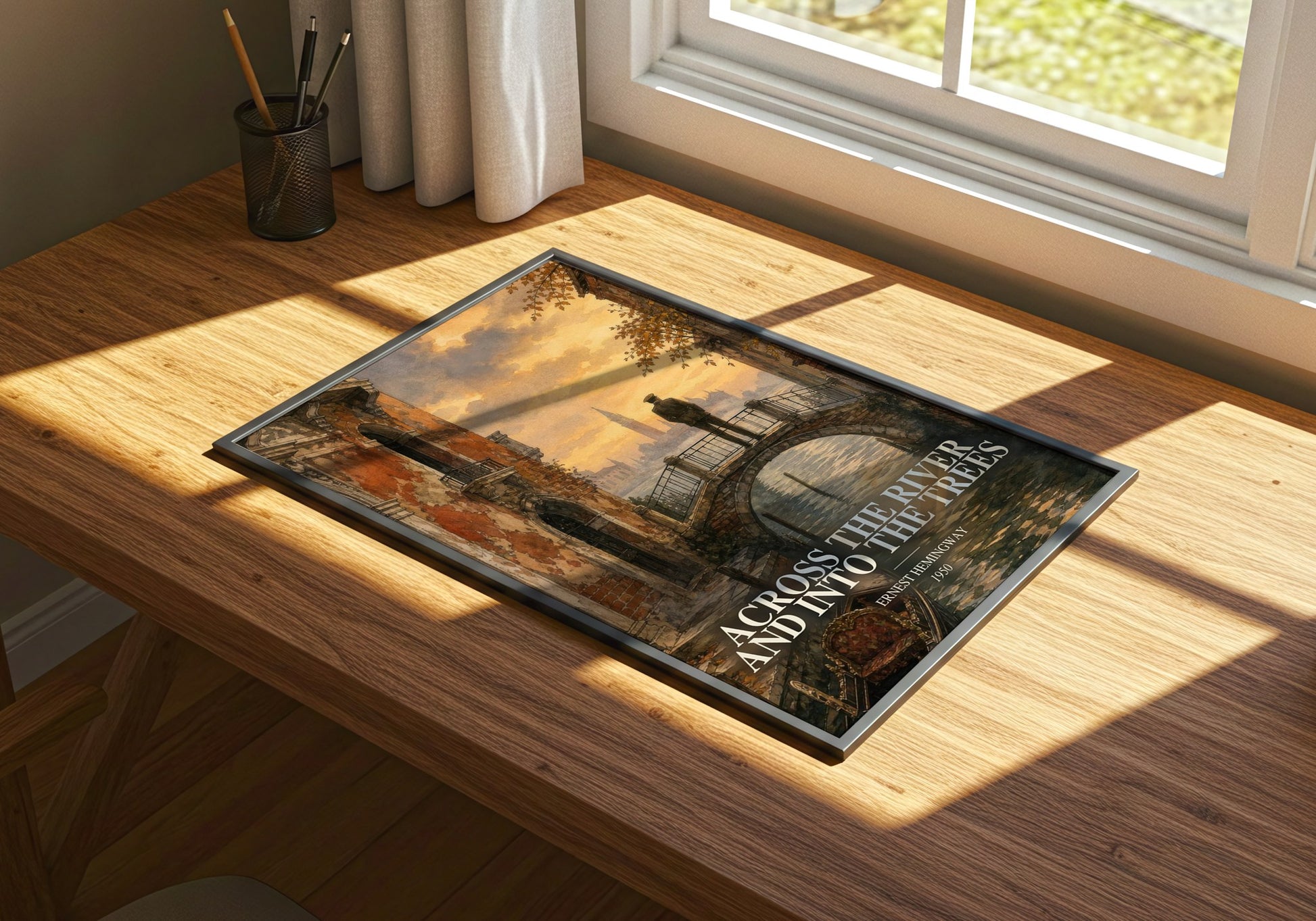Across The River And Into The Trees watercolour book poster framed on wall – literary fiction wall art