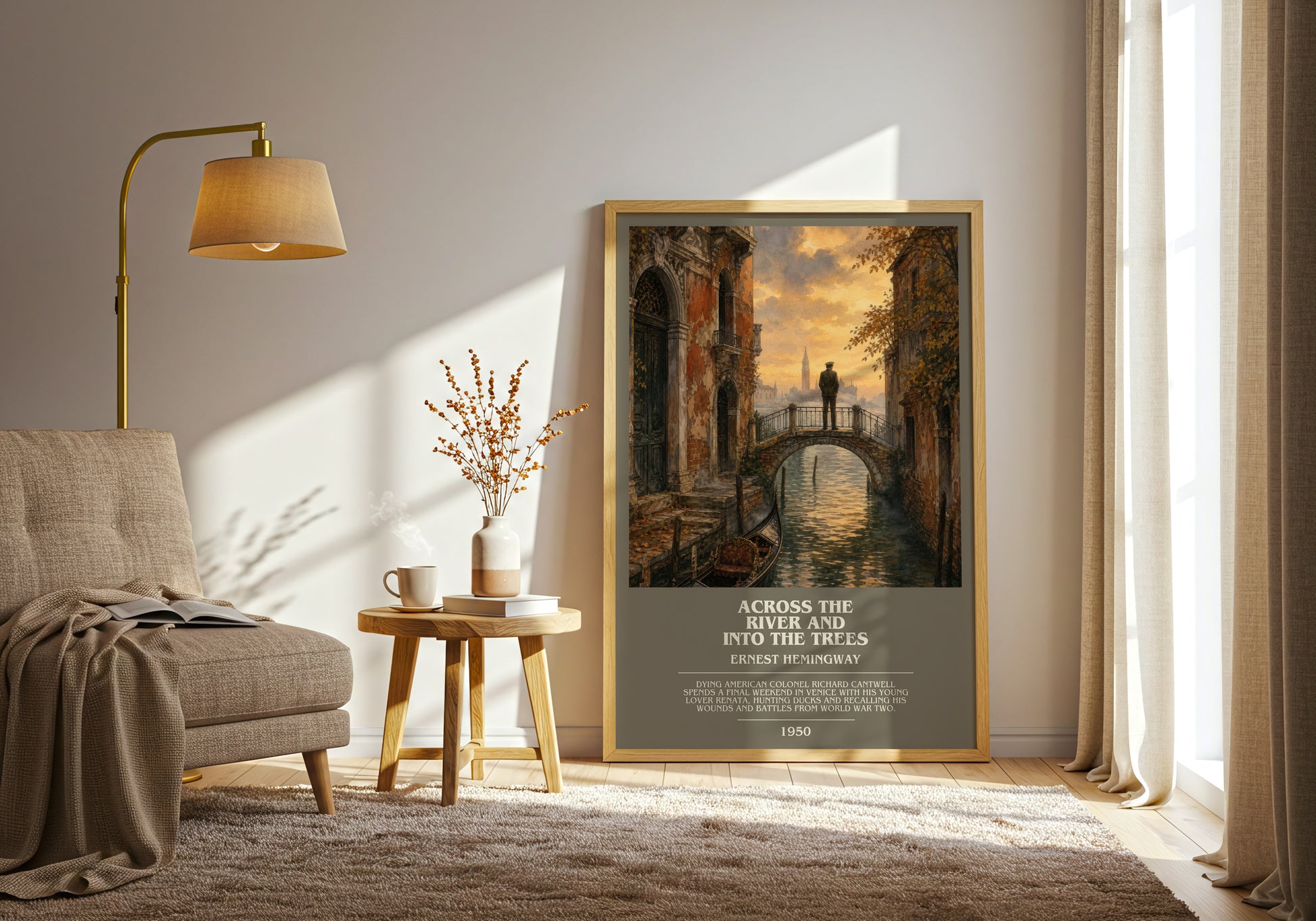 Across The River And Into The Trees bookish print on bookshelf – Ernest Hemingway fan gift