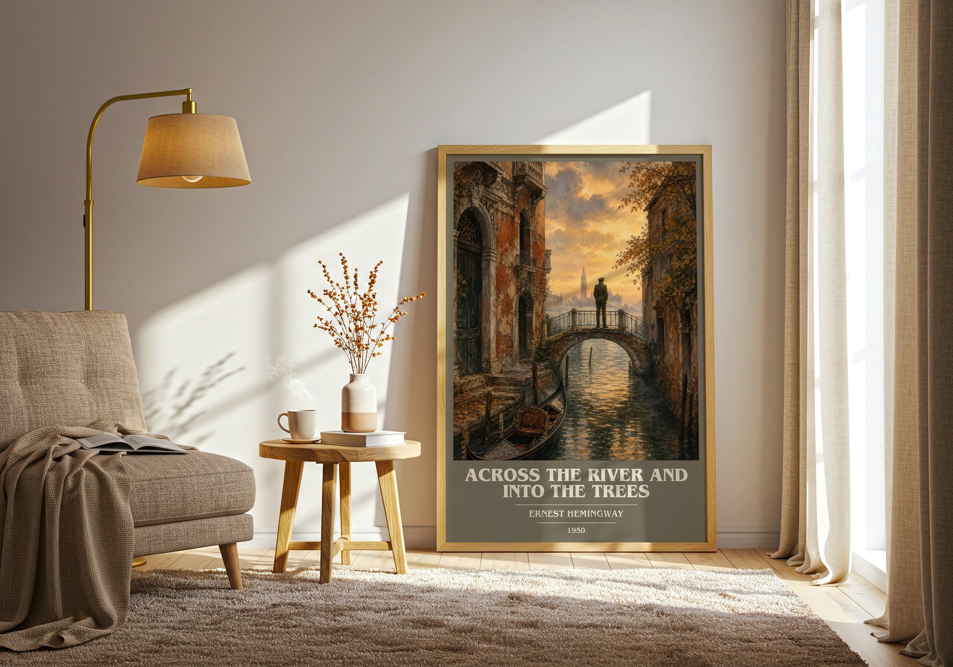 Across The River And Into The Trees book cover print on bookshelf – Ernest Hemingway fan gift