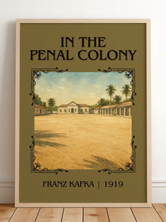 In The Penal Colony Classic Book Art Print by Franz Kafka – framed print leaning on a wooden floor