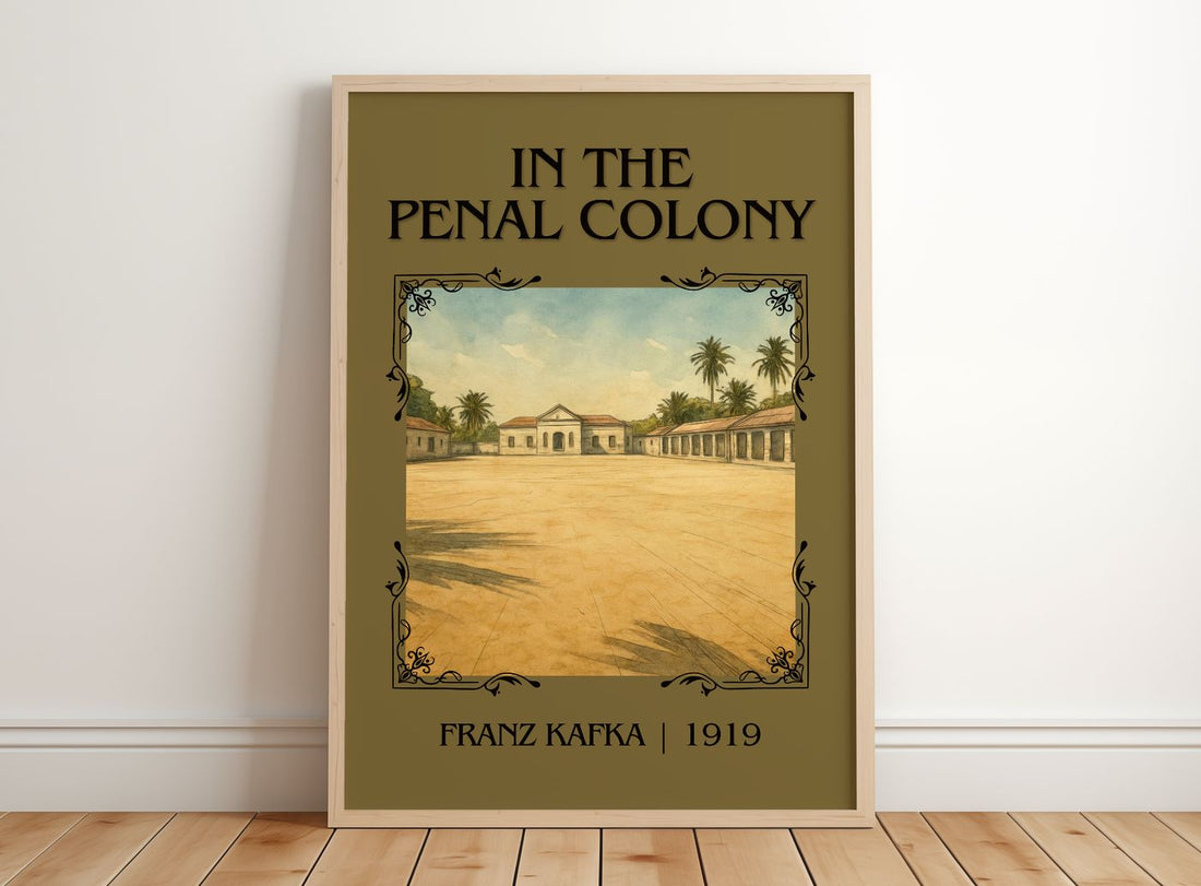 In The Penal Colony Classic Book Art Print by Franz Kafka – framed print leaning on a wooden floor