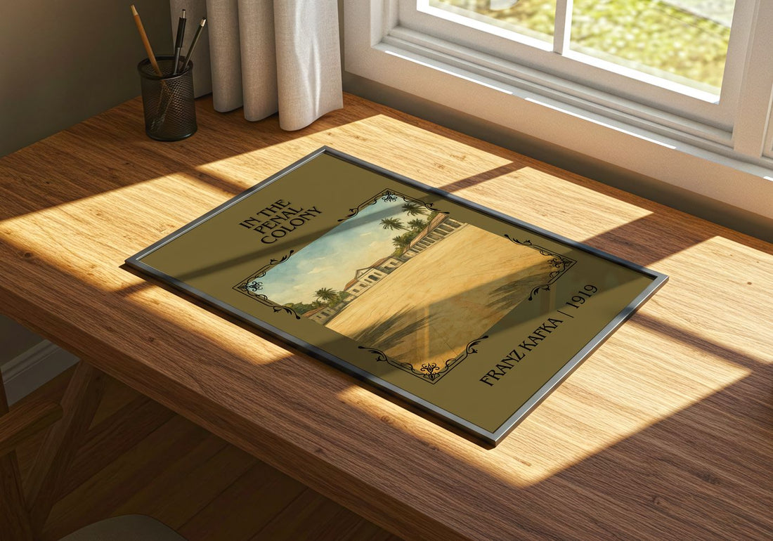 In The Penal Colony Classic Book Art Print by Franz Kafka – print on a sunlit desk