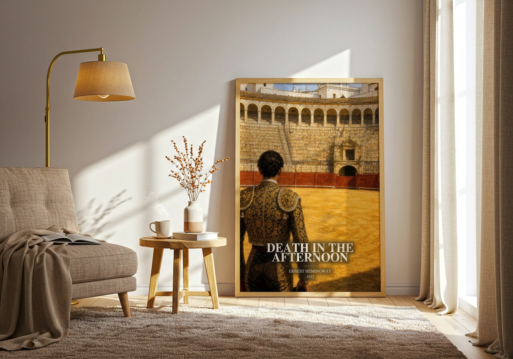 Death In The Afternoon watercolour print in frame leaning in hallway – non fiction wall art