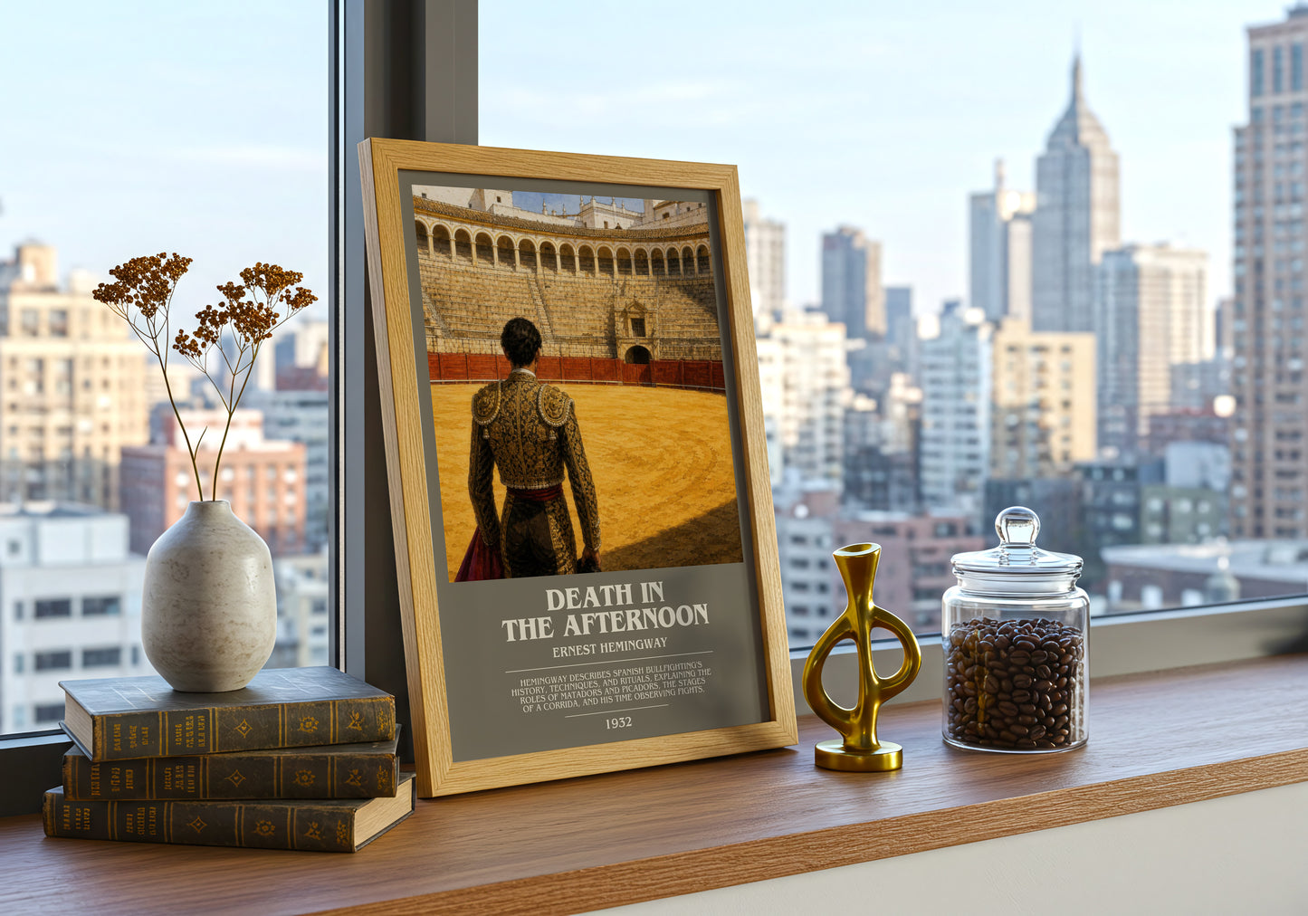 Death In The Afternoon bookish print framed by window – literary home decor