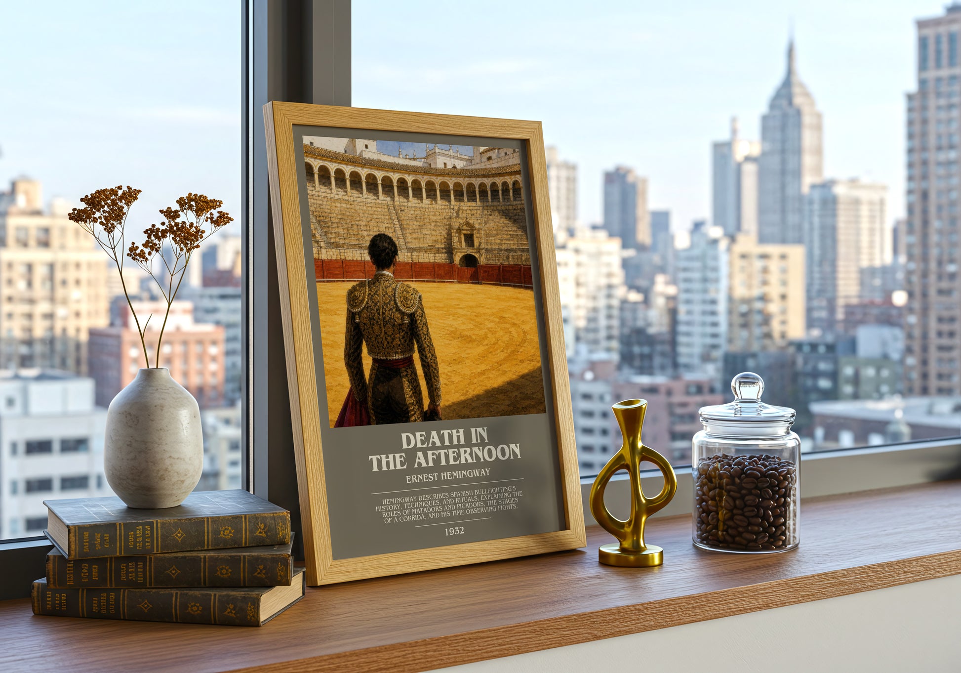 Death In The Afternoon bookish print framed by window – literary home decor