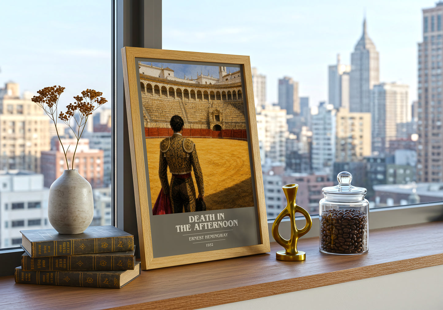 Death In The Afternoon book cover print framed by window – literary home decor