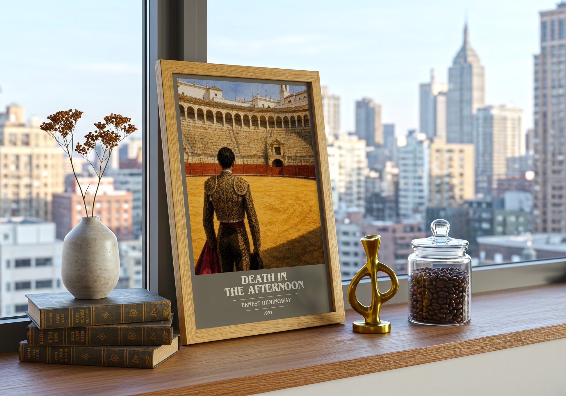 Death In The Afternoon book cover print framed by window – literary home decor