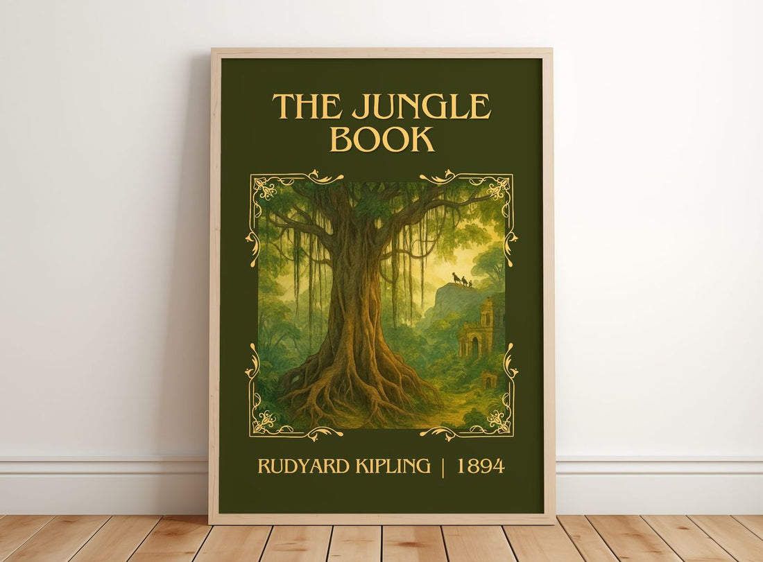 The Jungle Book Classic Book Art Print by Rudyard Kipling – framed print leaning on a wooden floor