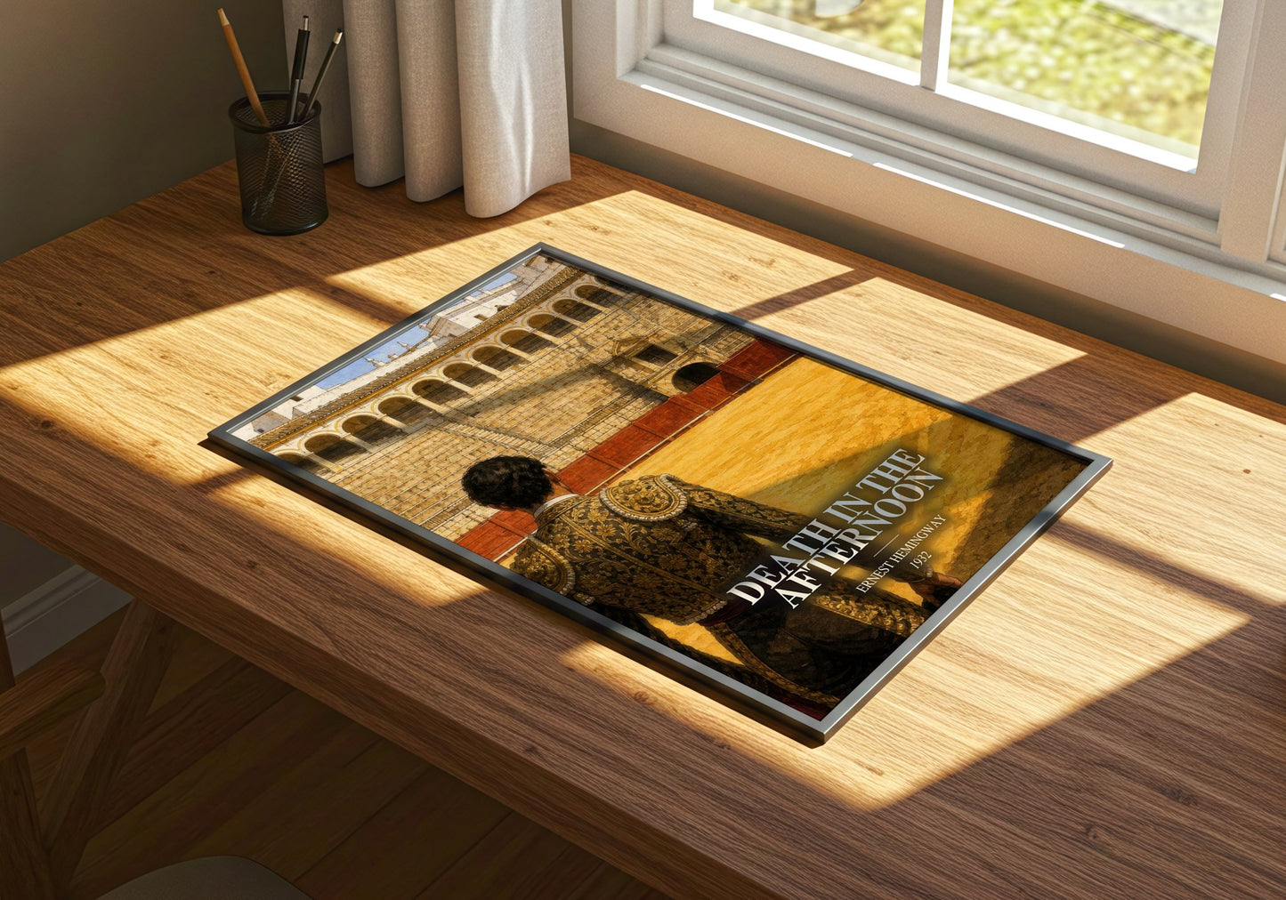 Death In The Afternoon watercolour book poster framed on wall – non fiction wall art