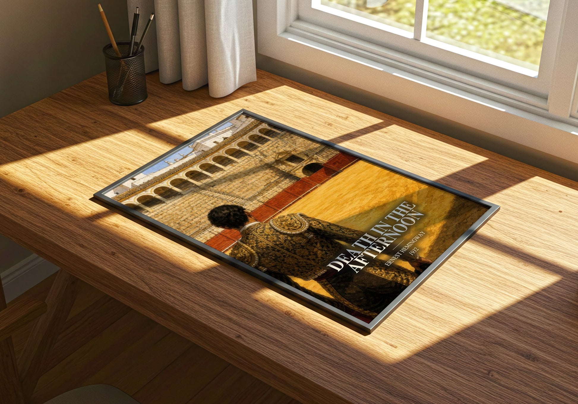 Death In The Afternoon watercolour book poster framed on wall – non fiction wall art