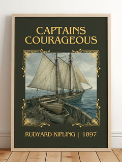 Captains Courageous Classic Book Art Print by Rudyard Kipling – framed print leaning on a wooden floor