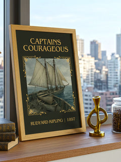 Captains Courageous Classic Book Art Print by Rudyard Kipling – framed print on a city-view windowsill