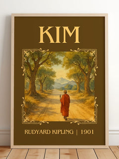 Kim Classic Book Art Print by Rudyard Kipling – framed print leaning on a wooden floor