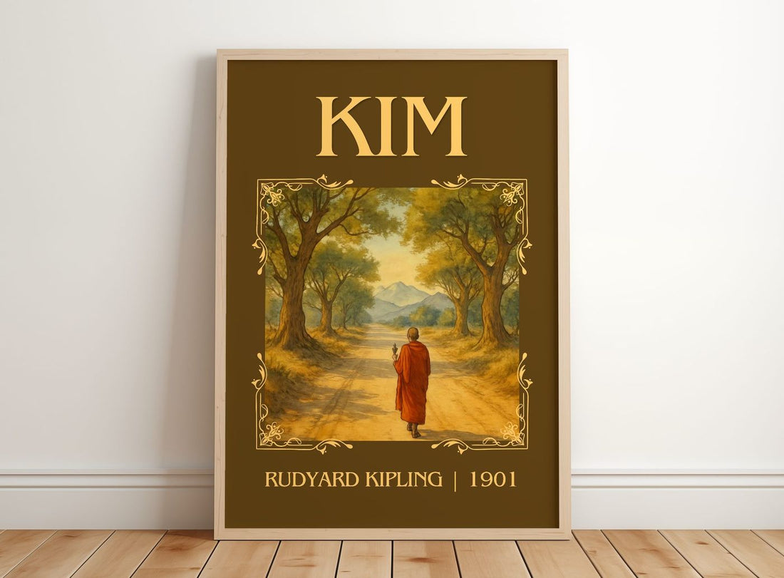 Kim Classic Book Art Print by Rudyard Kipling – framed print leaning on a wooden floor