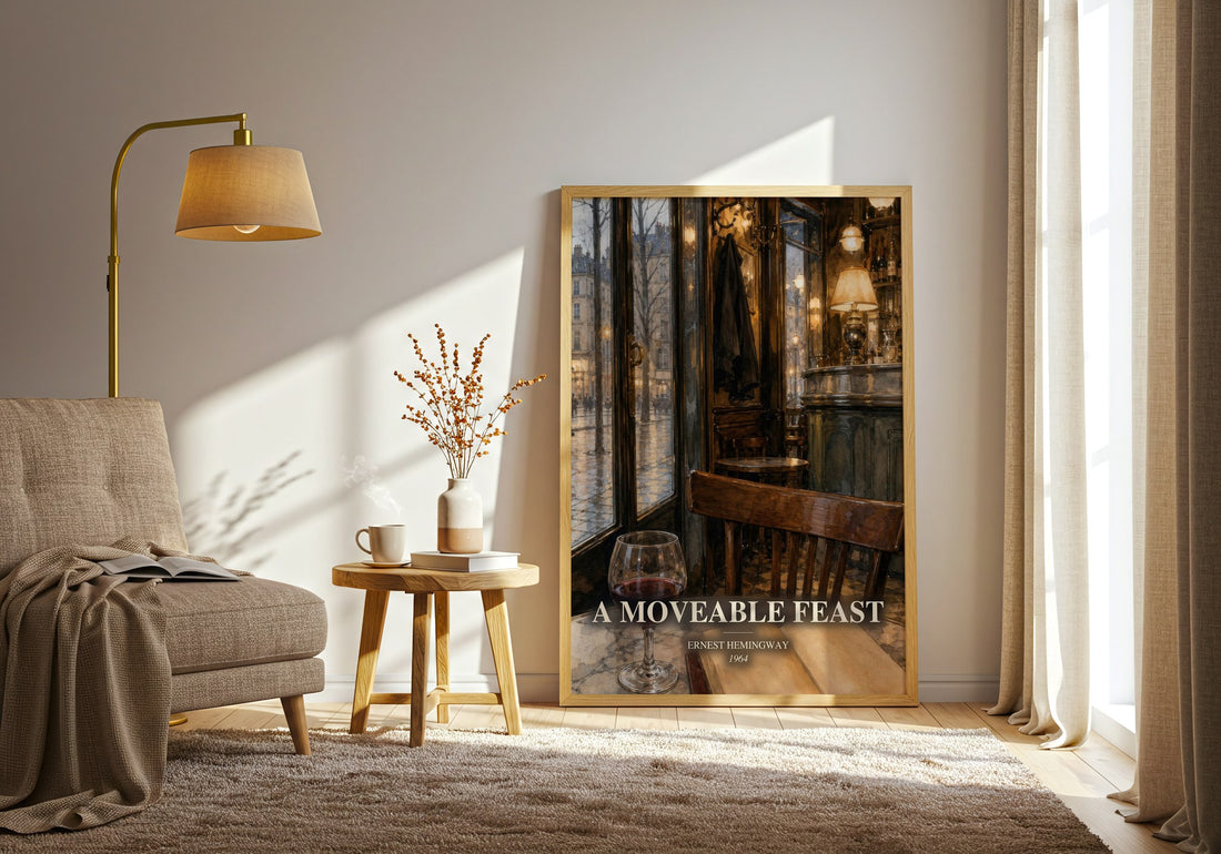 A Moveable Feast watercolour print in frame leaning in hallway – memoir wall art (mockup)