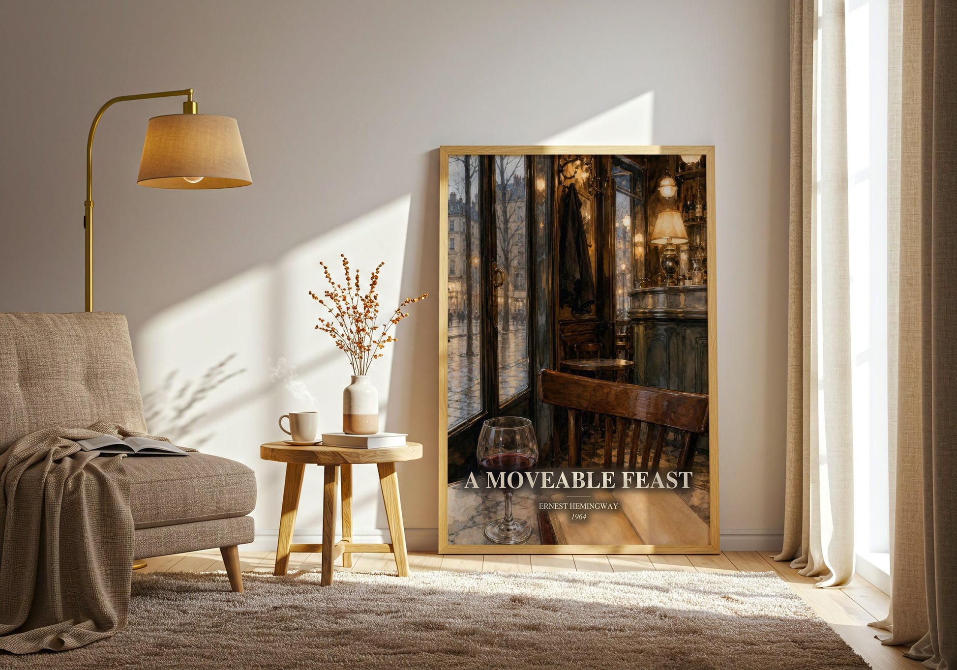 A Moveable Feast watercolour print in frame leaning in hallway – memoir wall art