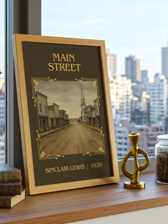 Main Street Classic Book Art Print by Sinclair Lewis – framed print on a city-view windowsill