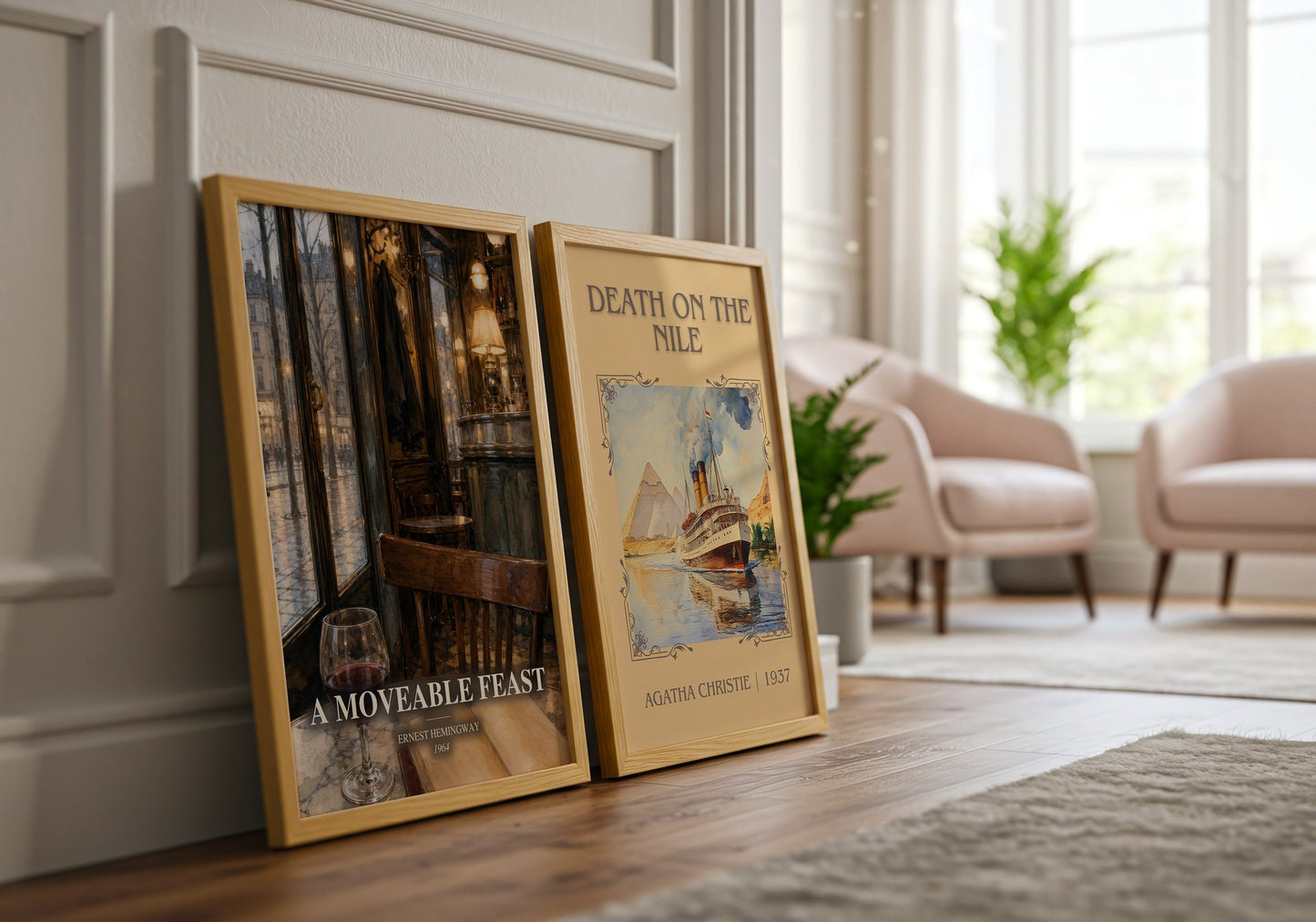 A Moveable Feast watercolour print framed by window – literary home decor