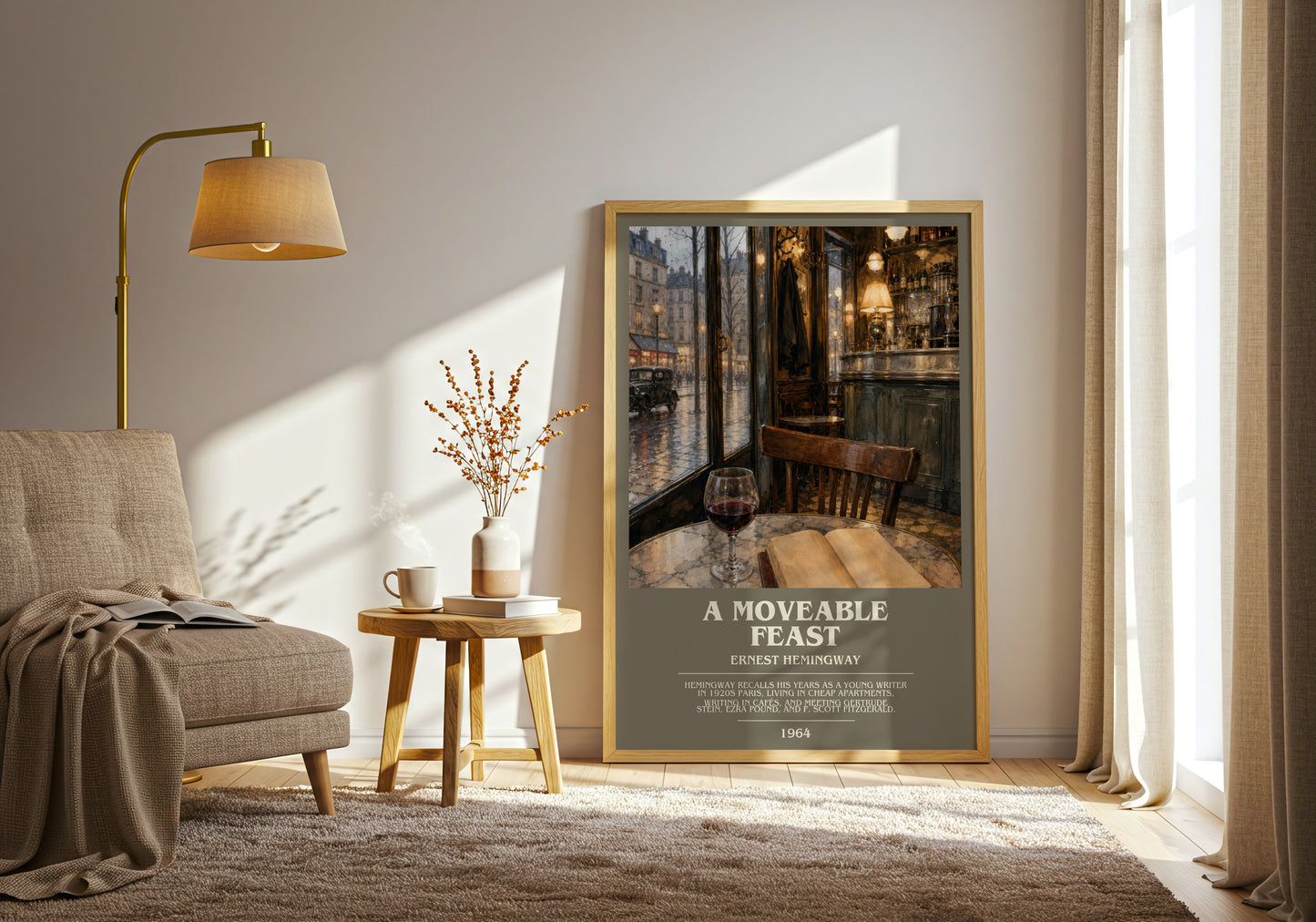 A Moveable Feast bookish print on bookshelf – Ernest Hemingway fan gift