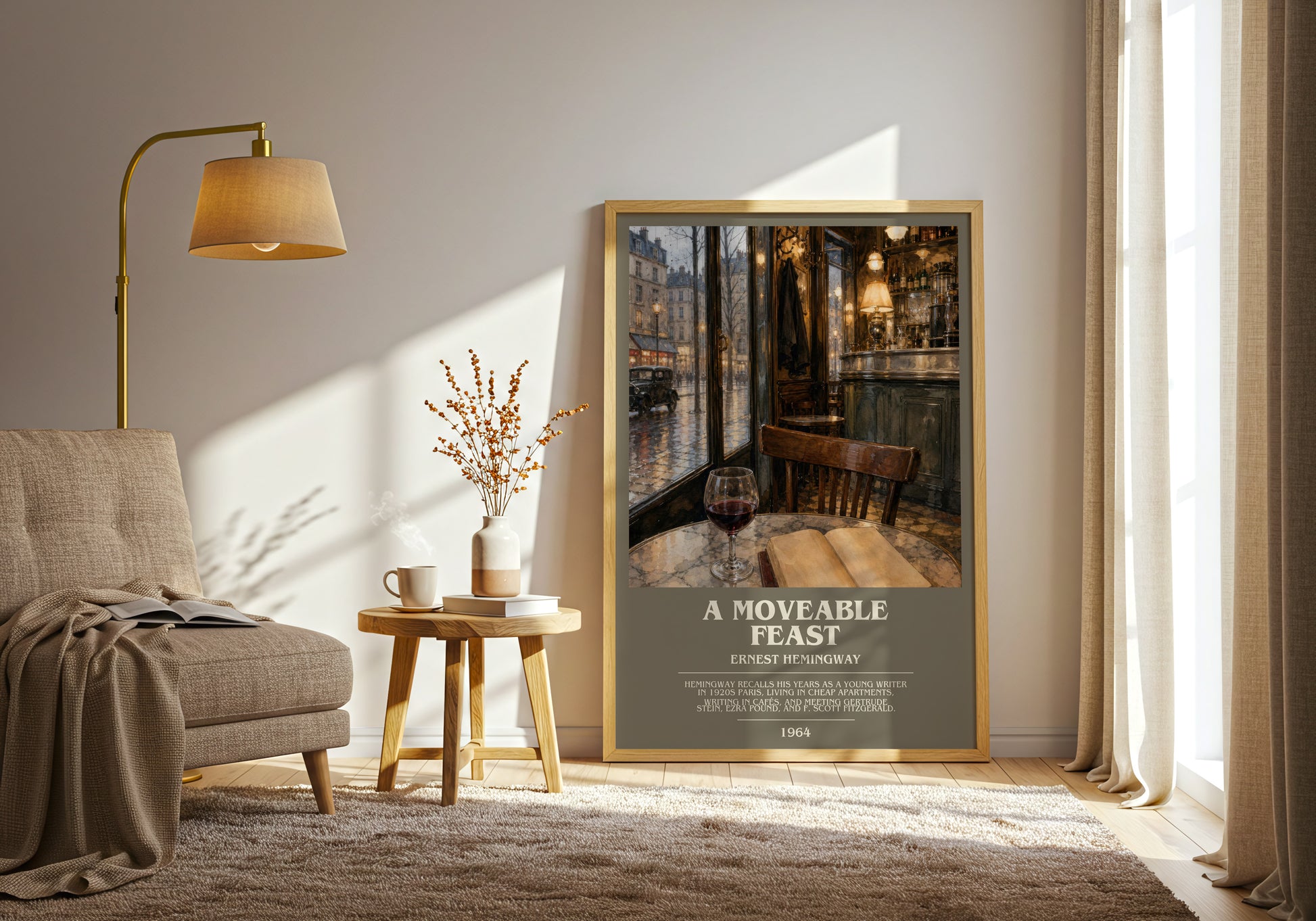 A Moveable Feast bookish print on bookshelf – Ernest Hemingway fan gift
