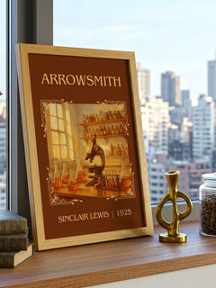 Arrowsmith Classic Book Art Print by Sinclair Lewis – framed print on a city-view windowsill