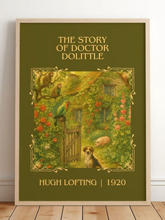 The Story Of Doctor Dolittle Classic Book Art Print by Hugh Lofting – framed print leaning on a wooden floor