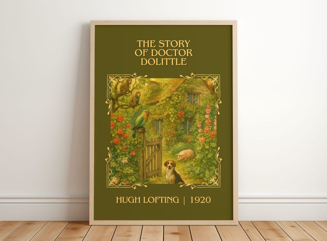 The Story Of Doctor Dolittle Classic Book Art Print by Hugh Lofting – framed print leaning on a wooden floor