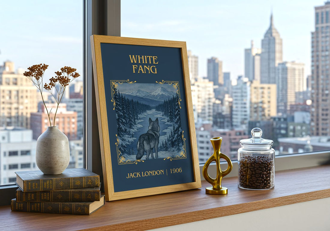 White Fang Classic Book Art Print by Jack London – framed print on a city-view windowsill