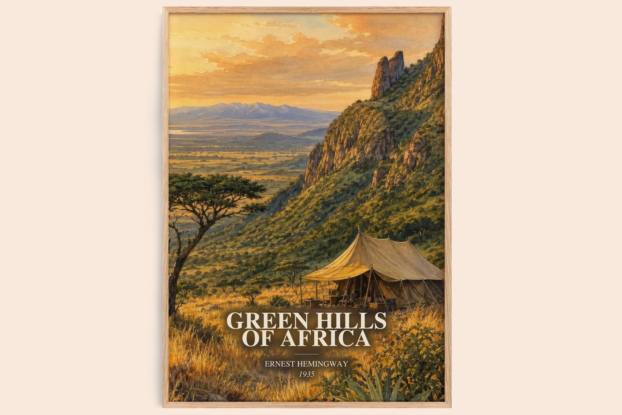 Green Hills Of Africa watercolour book poster by Ernest Hemingway – framed literary art print