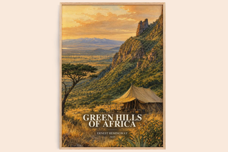 Green Hills Of Africa watercolour book poster by Ernest Hemingway – framed literary art print