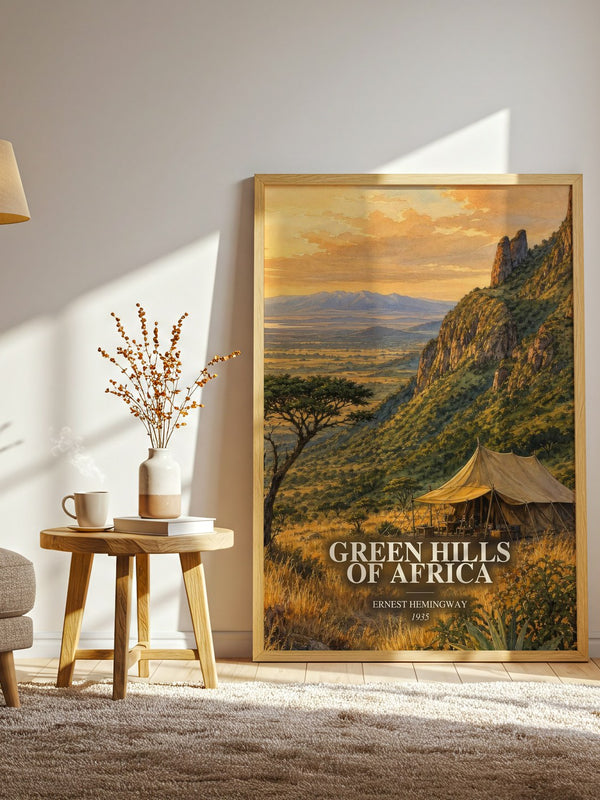 Green Hills Of Africa watercolour print in frame leaning in hallway – non fiction wall art